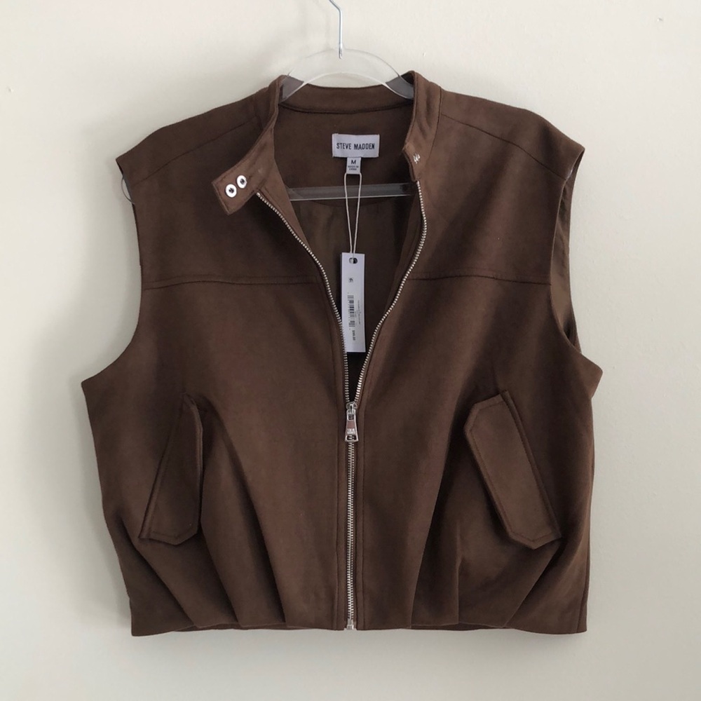 Steve Madden Coco Brown Faux Suede Zip-Up Balloon Vest